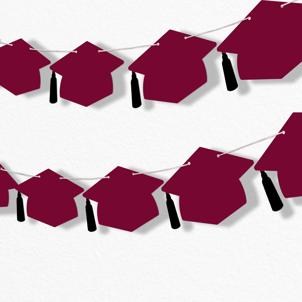 Big Dot of Happiness Maroon Graduation Cap Garland Banner, High School or Elementary Graduate Photo Backdrop, 10 Feet of Cord, 15 Hats with Tassels